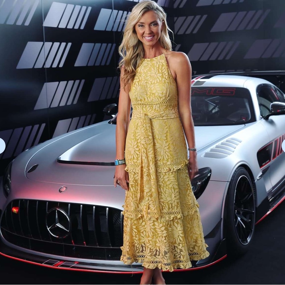 Keepsake Imagine Golden Yellow Lace Midi Dress size L / 8